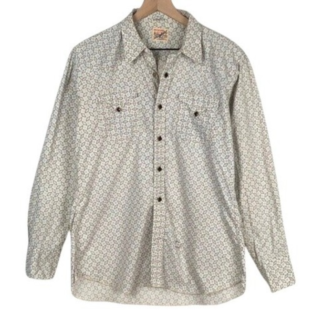 Rare VTG Donfield Western Wear Geometric Diamond Snap Shirt Men's L Ivory L/S